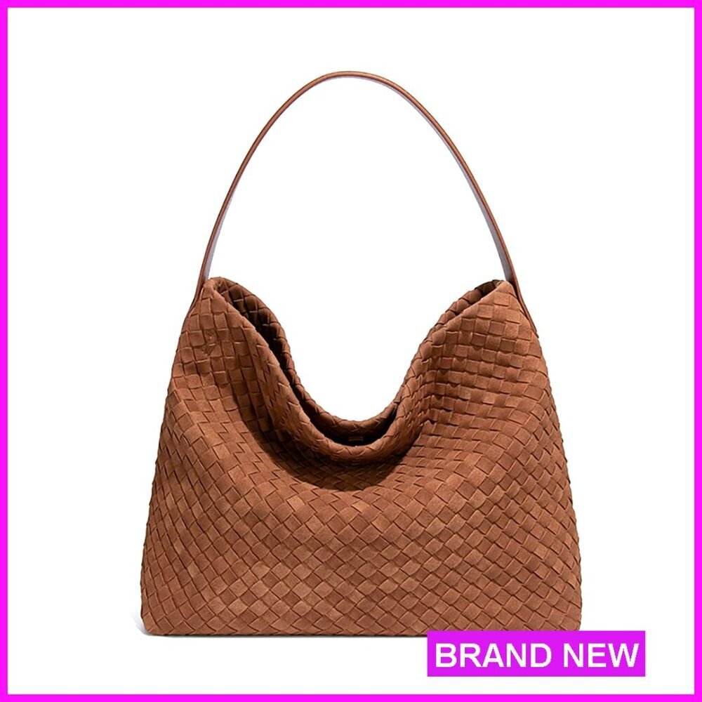 Woven Faux Suede Tote Bag Slouchy Shoulder Purse Crescent Satchel